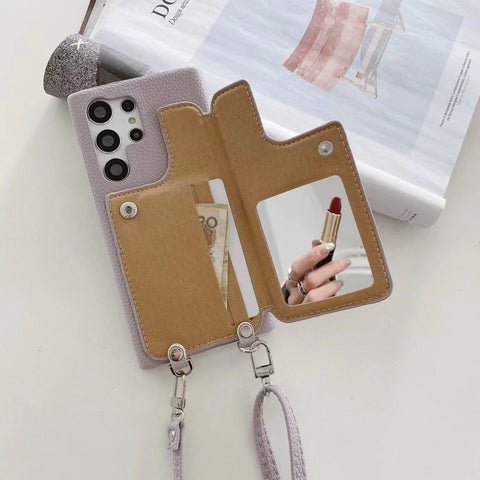 Leather Card Holder  Makeup mirror phone case For samsung S24