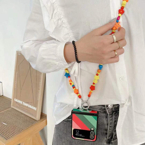 Samsung foldable flip phone case+wooden rainbow crossbody chain