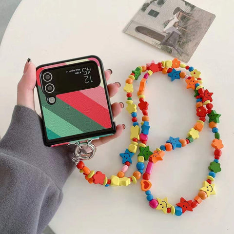 Samsung foldable flip phone case+wooden rainbow crossbody chain