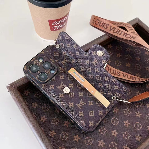 leather card holder lanyard phone case for iphone
