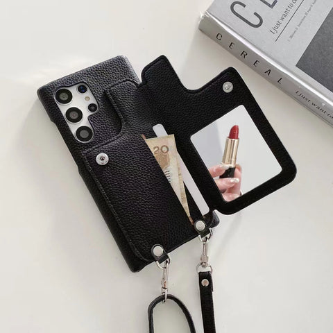 Leather Card Holder  Makeup mirror phone case For samsung S24