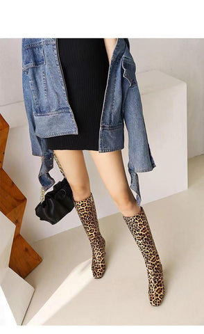 New Fashion leopard print sexy thick heels Long boots