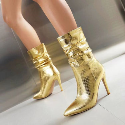 New Fashion Pointed golden fold High Heel Short Boots