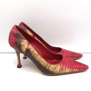 Manolo Blahnik BB Lizard Pumps Red/Beige Size 37 Pointed Toe Heels