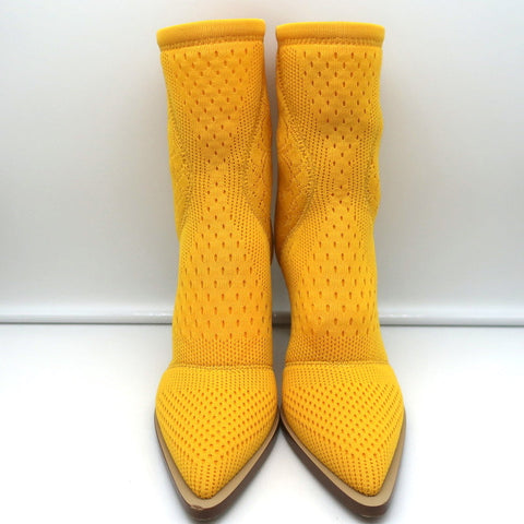 Fendi FFrame Jacquard Mesh Knit Ankle Boots Yellow Size 36 Pointed Toe Heel