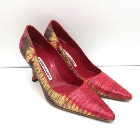 Manolo Blahnik BB Lizard Pumps Red/Beige Size 37 Pointed Toe Heels