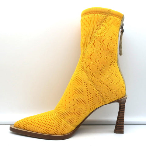 Fendi FFrame Jacquard Mesh Knit Ankle Boots Yellow Size 36 Pointed Toe Heel