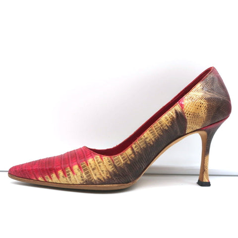 Manolo Blahnik BB Lizard Pumps Red/Beige Size 37 Pointed Toe Heels