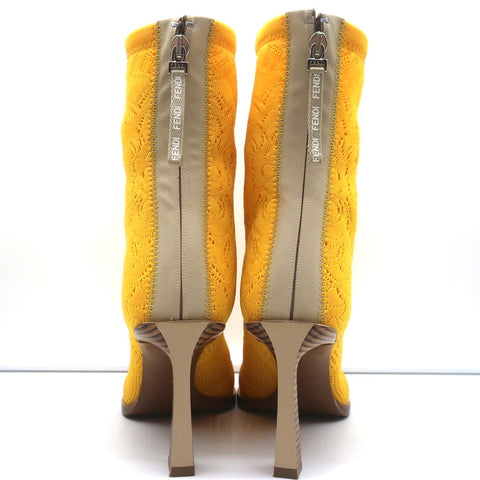 Fendi FFrame Jacquard Mesh Knit Ankle Boots Yellow Size 36 Pointed Toe Heel