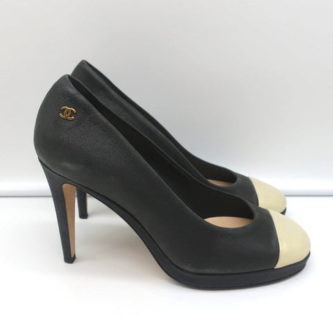 15C Metallic Cap Toe Platform Pumps Black/Gold Buffalo Leather Size 38