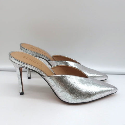 Schutz Mules Charla Silver Cracked Metallic Leather Size 6 Pointed Toe Heels