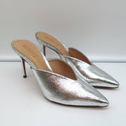 Schutz Mules Charla Silver Cracked Metallic Leather Size 6 Pointed Toe Heels