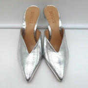 Schutz Mules Charla Silver Cracked Metallic Leather Size 6 Pointed Toe Heels