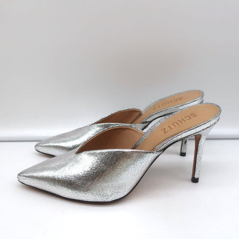 Schutz Mules Charla Silver Cracked Metallic Leather Size 6 Pointed Toe Heels