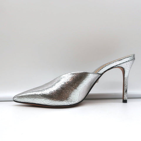 Schutz Mules Charla Silver Cracked Metallic Leather Size 6 Pointed Toe Heels