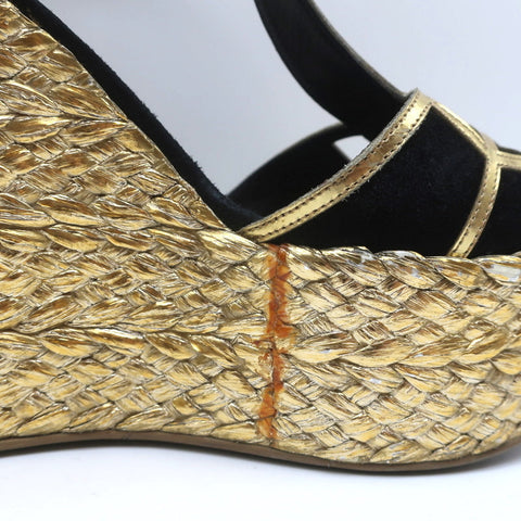 Sergio Rossi Easy Puzzle Espadrille Wedge Sandals Black Cutout Suede Size 38