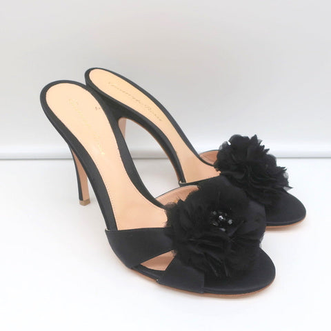 Gianvito Rossi Beaded Flower Mules Black Satin Size 39 Open Toe Heels NEW