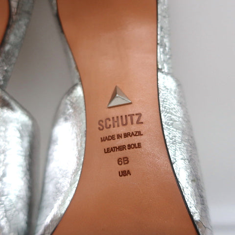 Schutz Mules Charla Silver Cracked Metallic Leather Size 6 Pointed Toe Heels