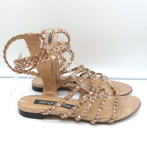 Sergio Rossi Crystal-Embellished Flat Sandals Kimberly Rose Gold Suede Size 39