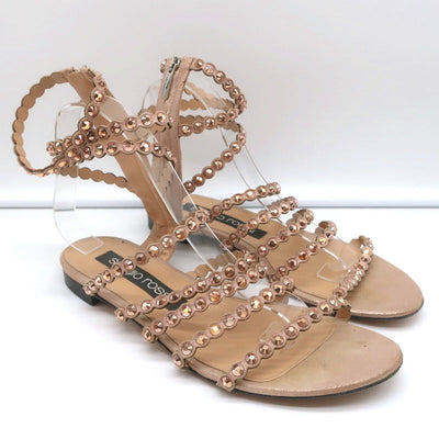 Sergio Rossi Crystal-Embellished Flat Sandals Kimberly Rose Gold Suede Size 39