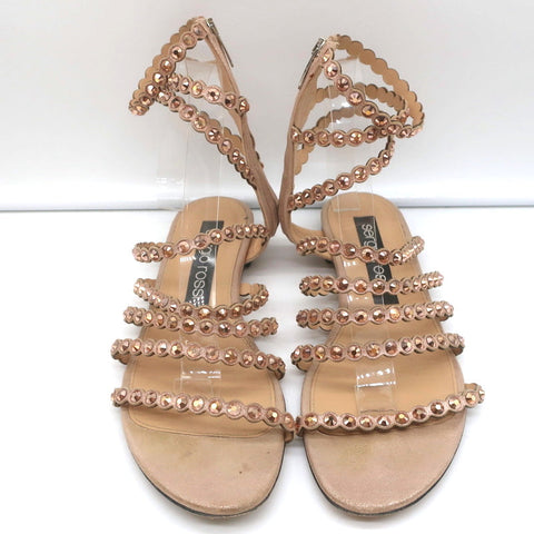 Sergio Rossi Crystal-Embellished Flat Sandals Kimberly Rose Gold Suede Size 39