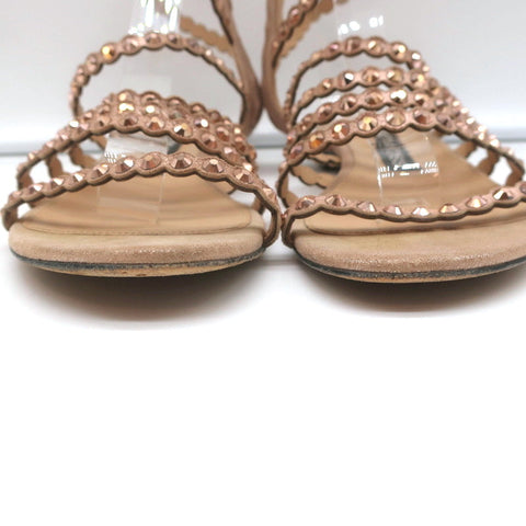 Sergio Rossi Crystal-Embellished Flat Sandals Kimberly Rose Gold Suede Size 39