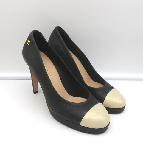 15C Metallic Cap Toe Platform Pumps Black/Gold Buffalo Leather Size 38