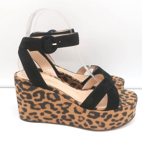 Gianvito Rossi Leopard Print Satin Platform Wedge Sandals Black Suede Size 36.5