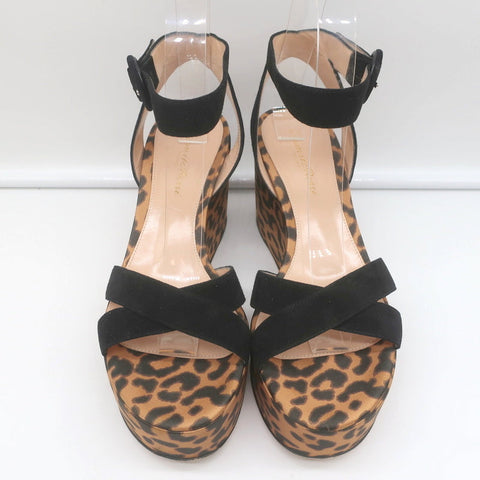 Gianvito Rossi Leopard Print Satin Platform Wedge Sandals Black Suede Size 36.5