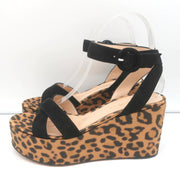 Gianvito Rossi Leopard Print Satin Platform Wedge Sandals Black Suede Size 36.5