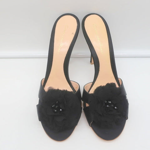 Gianvito Rossi Beaded Flower Mules Black Satin Size 39 Open Toe Heels NEW