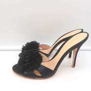 Gianvito Rossi Beaded Flower Mules Black Satin Size 39 Open Toe Heels NEW