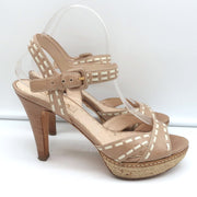 Prada Espadrille Platform Sandals Nude Leather Size 38.5 Ankle Strap Heels