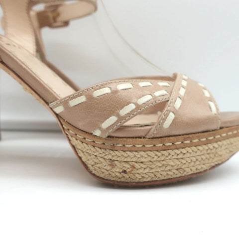 Prada Espadrille Platform Sandals Nude Leather Size 38.5 Ankle Strap Heels