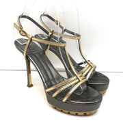 Yves Saint Laurent T-Strap Platform Sandals Gold/Pewter Metallic Leather Size 36