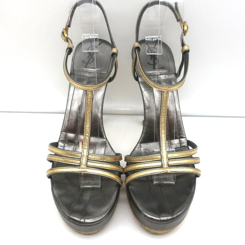 Yves Saint Laurent T-Strap Platform Sandals Gold/Pewter Metallic Leather Size 36