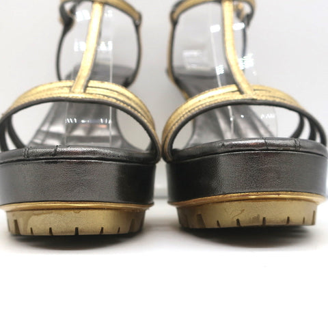 Yves Saint Laurent T-Strap Platform Sandals Gold/Pewter Metallic Leather Size 36