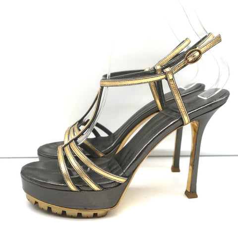 Yves Saint Laurent T-Strap Platform Sandals Gold/Pewter Metallic Leather Size 36