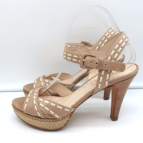 Prada Espadrille Platform Sandals Nude Leather Size 38.5 Ankle Strap Heels