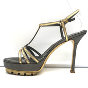 Yves Saint Laurent T-Strap Platform Sandals Gold/Pewter Metallic Leather Size 36