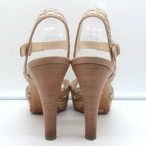 Prada Espadrille Platform Sandals Nude Leather Size 38.5 Ankle Strap Heels