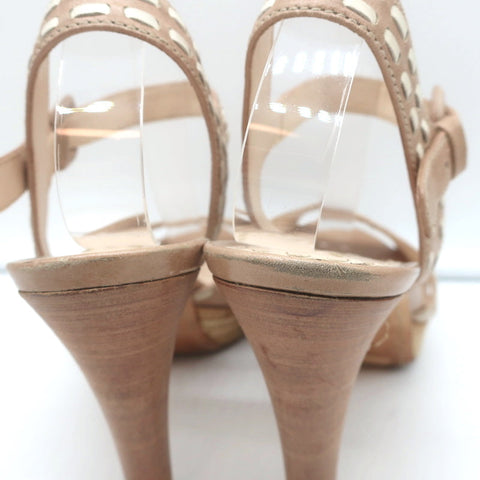 Prada Espadrille Platform Sandals Nude Leather Size 38.5 Ankle Strap Heels