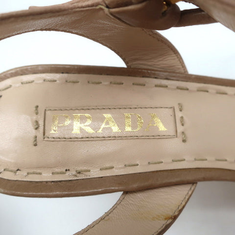 Prada Espadrille Platform Sandals Nude Leather Size 38.5 Ankle Strap Heels