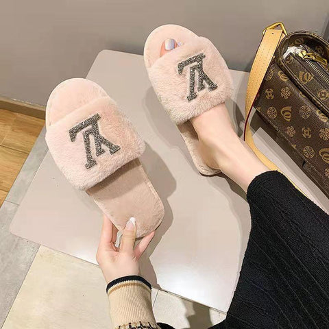 Women's Luxury diamond Home Shoes Flat Slippers Faux Fur plush slippers