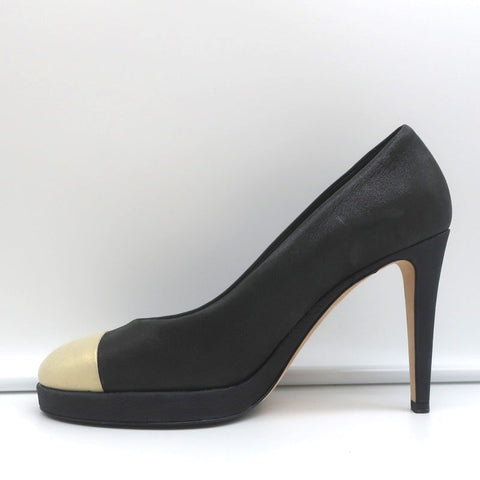 15C Metallic Cap Toe Platform Pumps Black/Gold Buffalo Leather Size 38