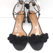 Aquazzura Pom Pom Ankle Tie Sandals Black Raffia Size 39 Open Toe Mid-Heel