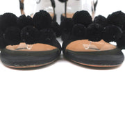 Aquazzura Pom Pom Ankle Tie Sandals Black Raffia Size 39 Open Toe Mid-Heel