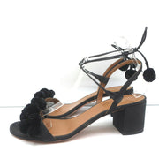 Aquazzura Pom Pom Ankle Tie Sandals Black Raffia Size 39 Open Toe Mid-Heel