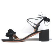 Aquazzura Pom Pom Ankle Tie Sandals Black Raffia Size 39 Open Toe Mid-Heel