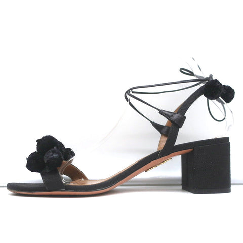 Aquazzura Pom Pom Ankle Tie Sandals Black Raffia Size 39 Open Toe Mid-Heel